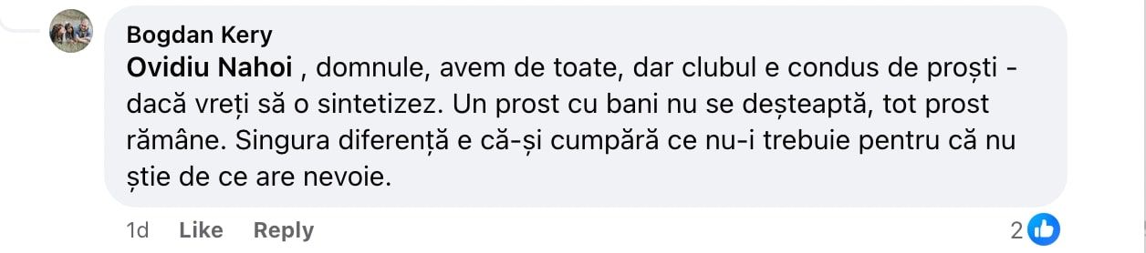 Comentariul unui suporter care crede că patronii sunt proști cu bani