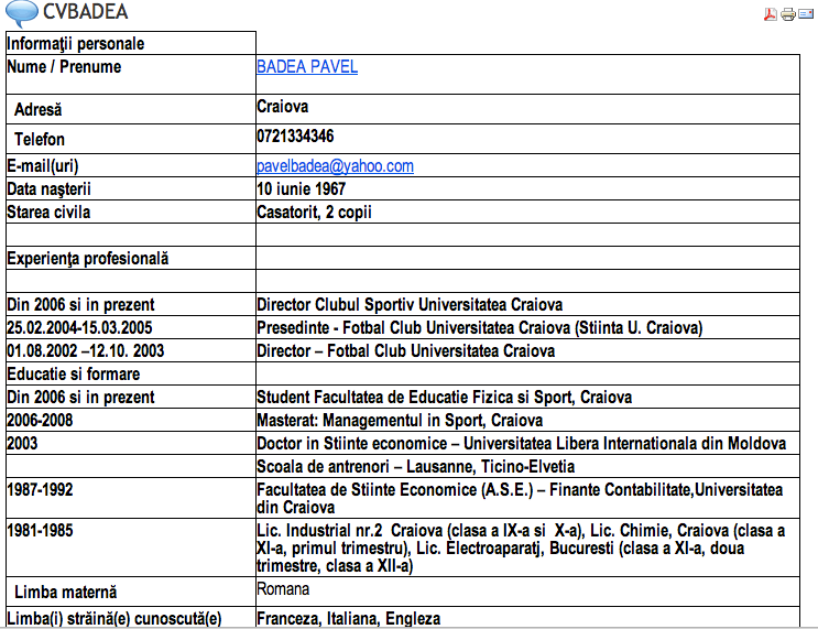 CV-ul lui Pavel Badea pe vremea în care CSU Craiova nu exista