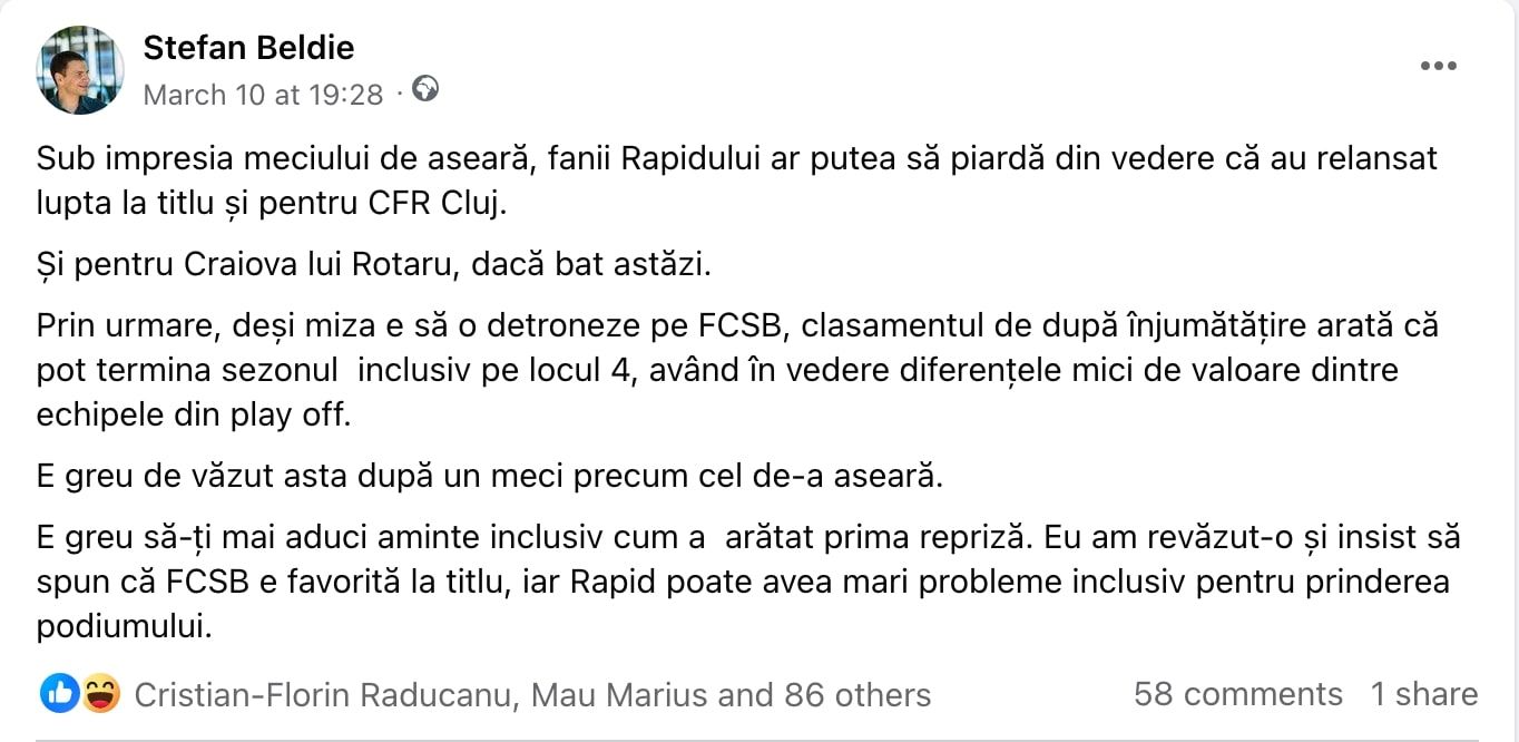 Comentariu Ștefan Beldie după Rpid - FCSB  4-0